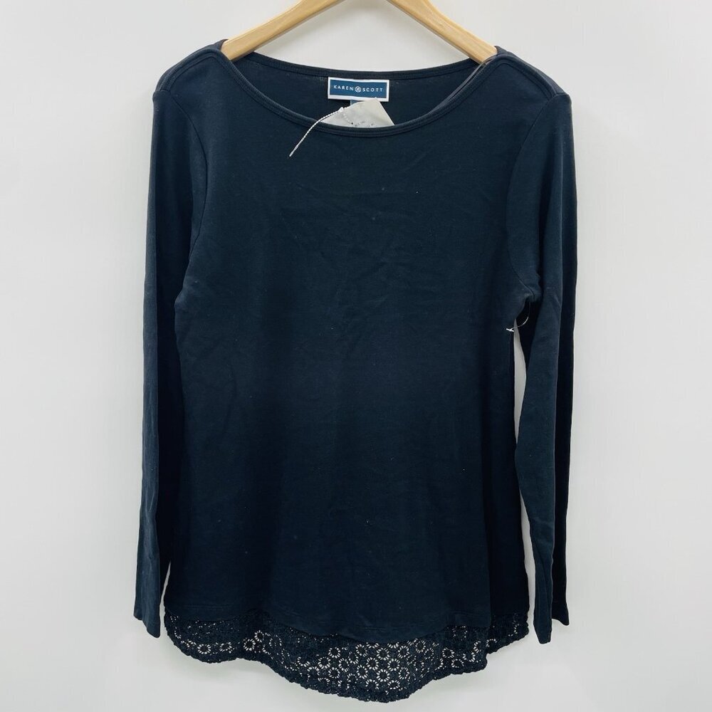 Karen Scott Womens Size Medium Long Sleeve Boatneck Tee with Crochet Trim 2167